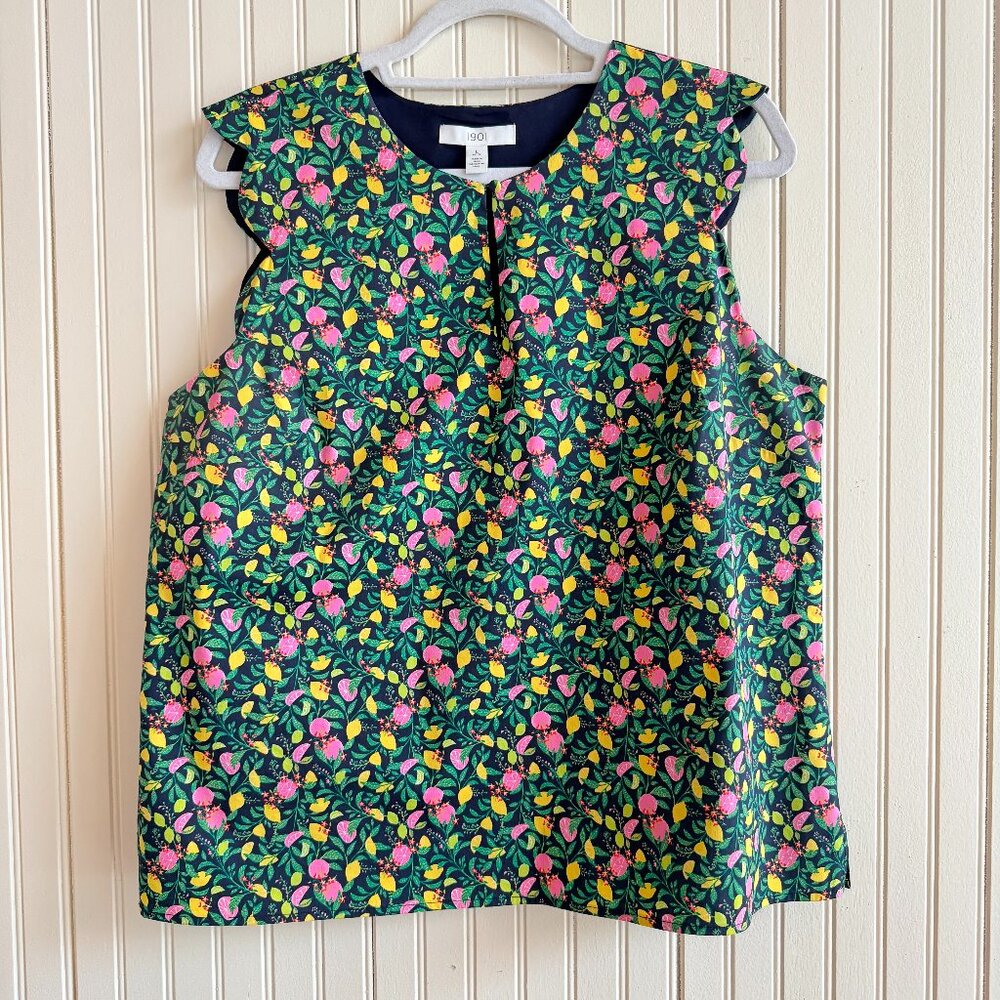 1901 Whimsical Citrus Novelty Print Scalloped Trim Shell Tank Top Blouse‎